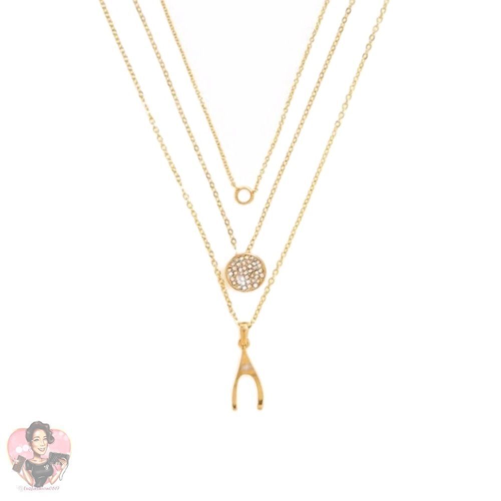 18KGP Wishbone/Pave disc/trio Necklace